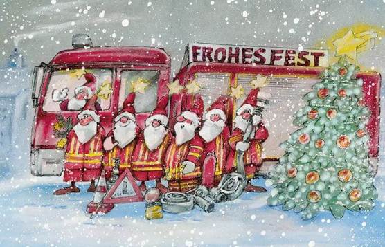 Lustige Weihnachtskarte für Feuerwehr, Brandschutz und Brandbekämpfung